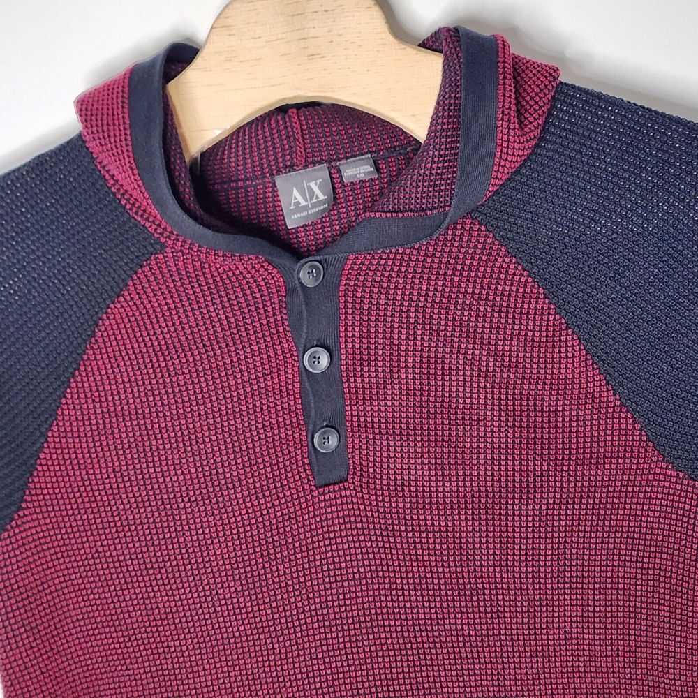 A/X Armani Exchange Men's Hooded Knit Pullover Top Size L Burgundy Navy READ